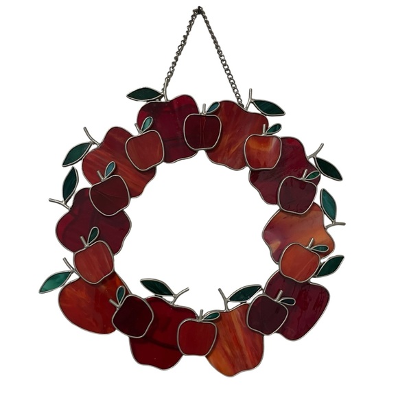 Vintage 90s Stained Glass Style Apple Wreath Window Hanging Suncatcher - Picture 1 of 9